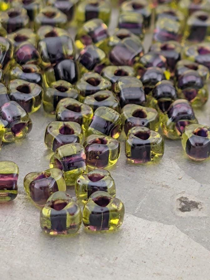 Peridot/Burgundy Inside Color Lined Miyuki Triangle Size 5/0 (15g Pkg)