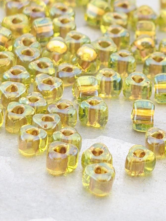 Peridot/Amber Inside Color Lined Sparkle Miyuki Triangle Size 5/0 (15g Pkg) | Japanese Seed Beads | Bead Weaving Embroidery Supply