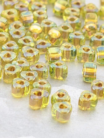 Peridot/Amber Inside Color Lined Sparkle Miyuki Triangle Size 5/0 (15g Pkg) | Japanese Seed Beads | Bead Weaving Embroidery Supply