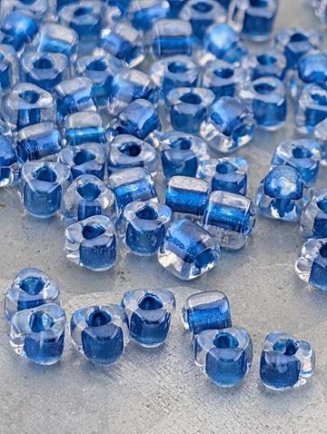Crystal/Bright Blue Inside Color Lined Sparkle Miyuki Triangle Size 5/0 (15g Pkg) | Japanese Seed Beads | Bead Weaving Embroidery Supply