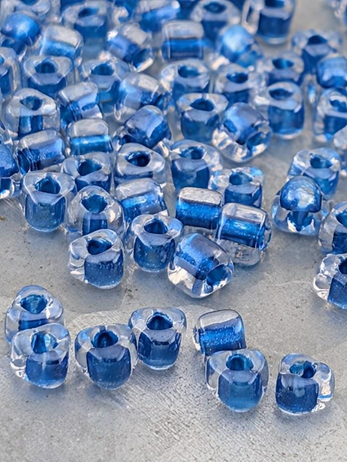 Crystal/Bright Blue Inside Color Lined Sparkle Miyuki Triangle Size 5/0 (15g Pkg) | Japanese Seed Beads | Bead Weaving Embroidery Supply