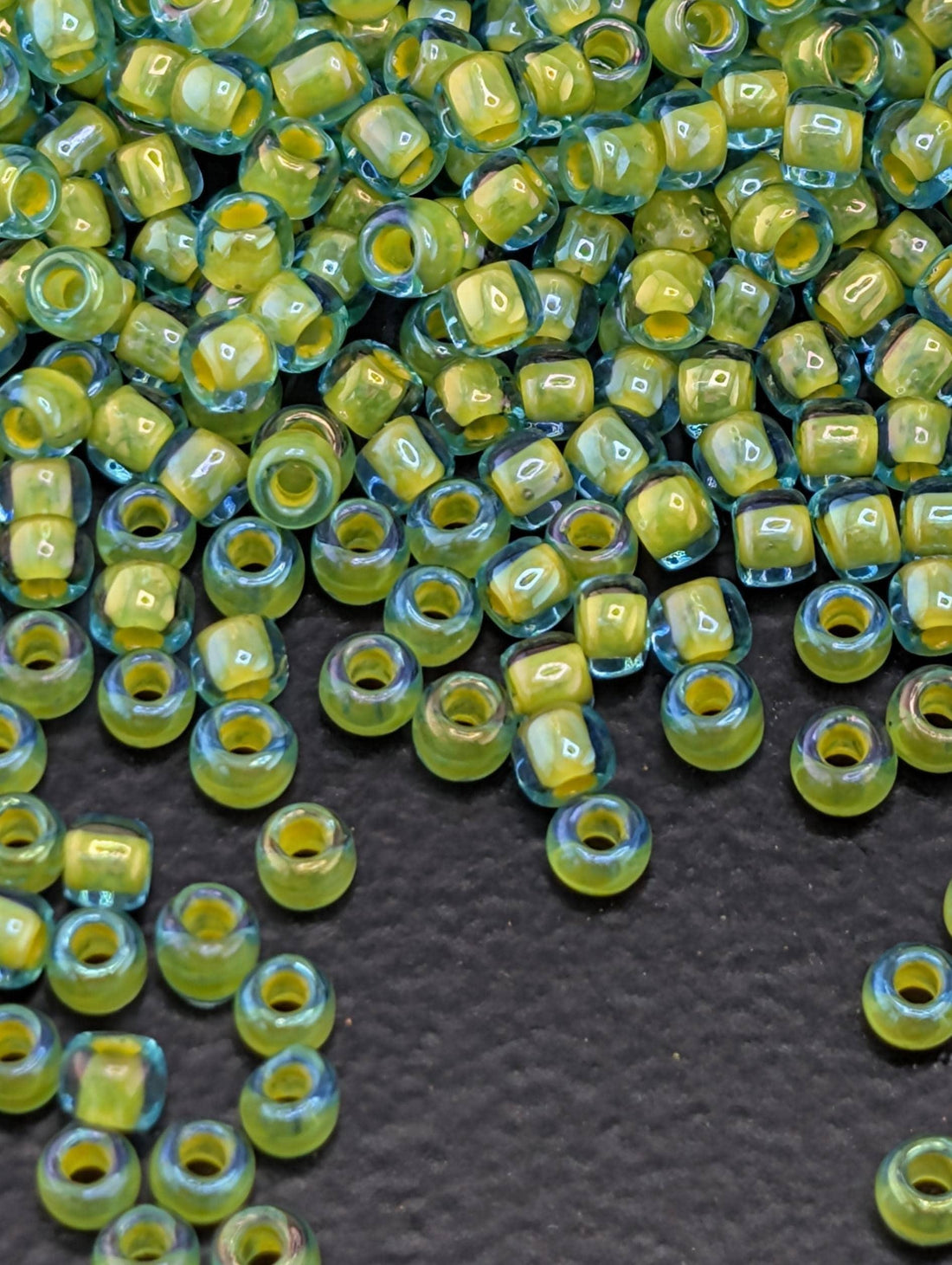 Inside-Color Aqua/Opaque Yellow-Lined Size 11/0 Toho Round 2.5" tube