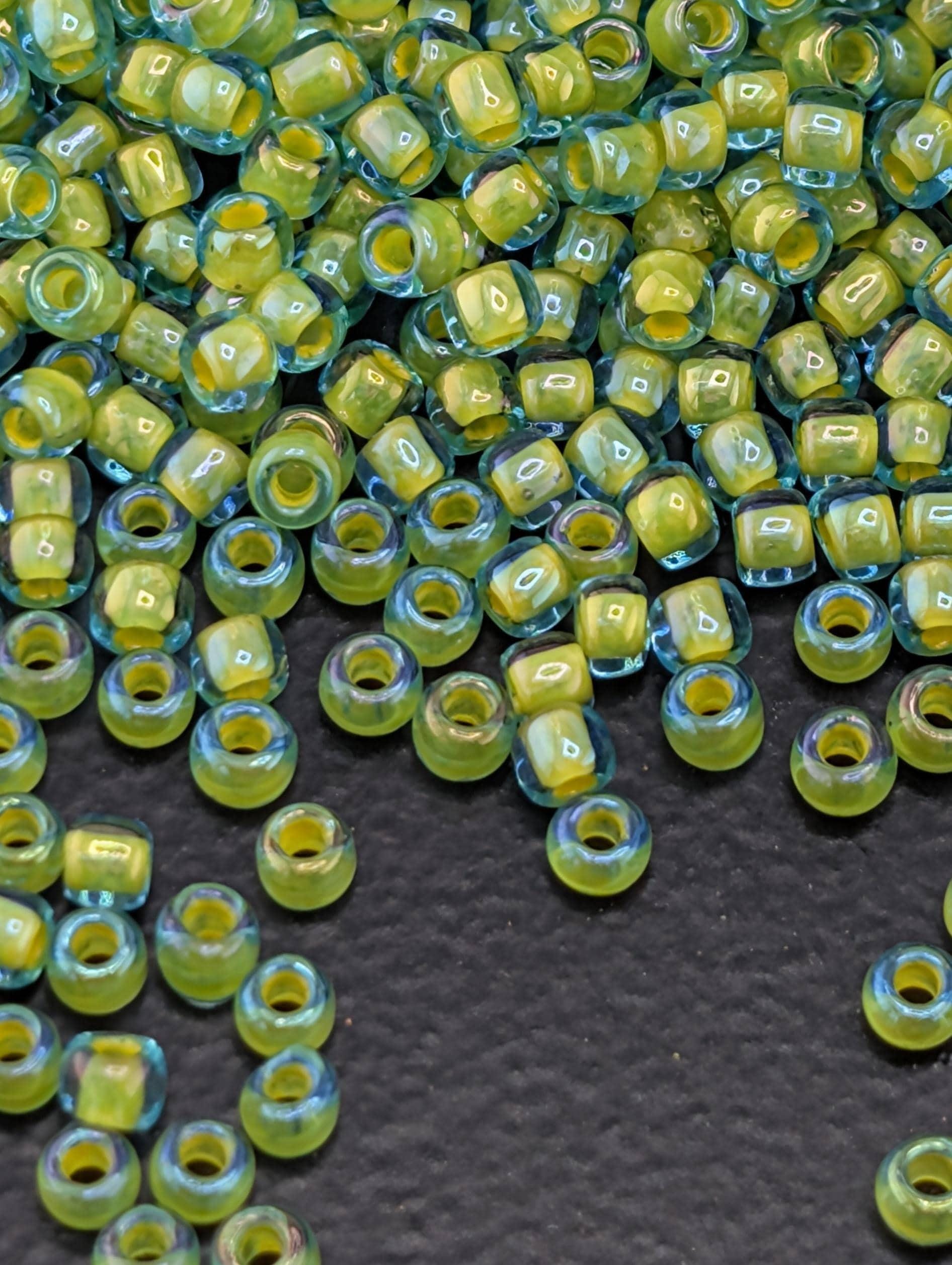 Inside-Color Aqua/Opaque Yellow-Lined Size 11/0 Toho Round 2.5" tube