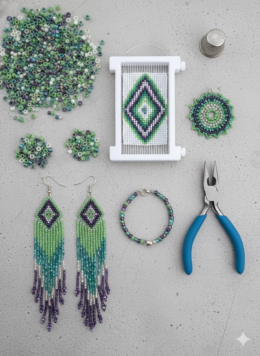 various crafting supplies, including beads, a thimble, pliers, and earrings, arranged on a gray surface.