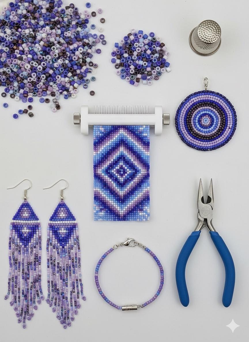 various crafting supplies, including beads, pliers, and other tools, arranged on a white background.