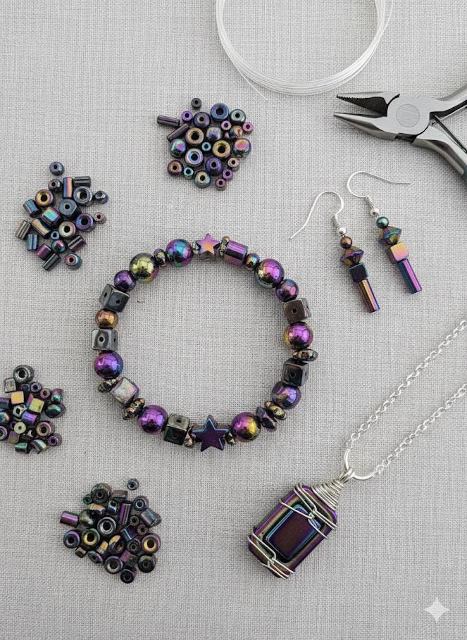 The image is a close-up of a collection of multicolored glass beads, including various shapes and sizes, scattered on a surface.