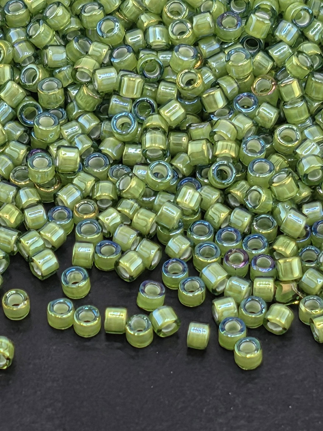 DB1786:Green Tea/White Inside Color Lined Rainbow Miyuki Delica (Size 11, 7 grams, ~1400 beads)