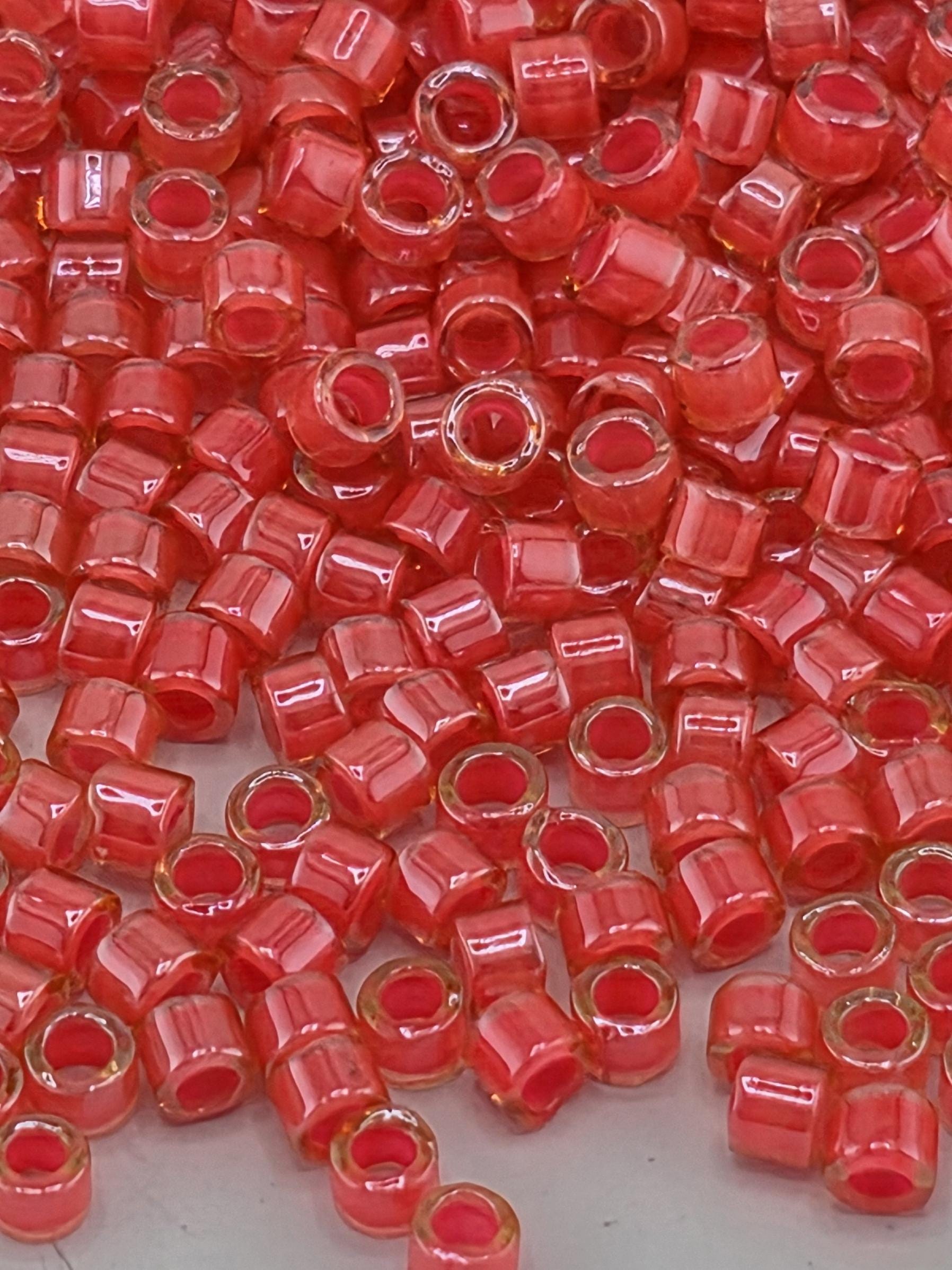 DB2051:Luminous Poppy Red/Yellow Inside Color Lined Miyuki Delica (Size 11, 7 grams, ~1400 beads)