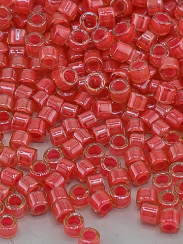 DB2051:Luminous Poppy Red/Yellow Inside Color Lined Miyuki Delica (Size 11, 7 grams, ~1400 beads)