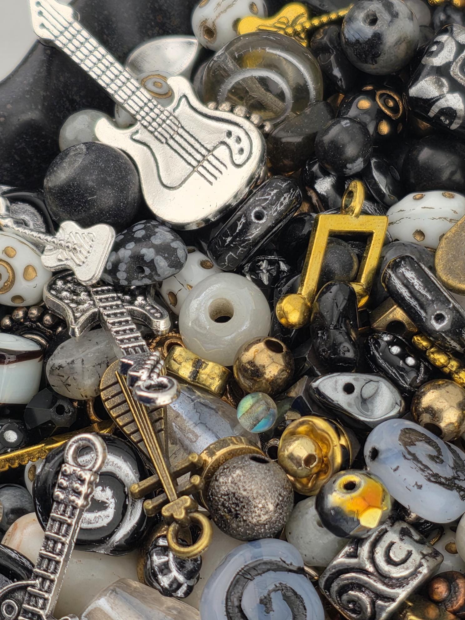 Music Theme Bead Collection Heavy Metal Mix Semi Precious Stone Beads Jewelry Making Supplies Gothic Rock Design Guitar Charm Elements Creative Craft Materials Black Silver Components Natural Stone Selection Artisan Quality Mix DIY