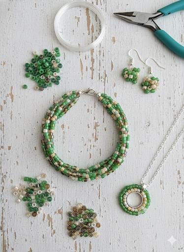 various beads, tools, and accessories used for beading, including a necklace, earrings, and a pendant, arranged on a white wooden surface.