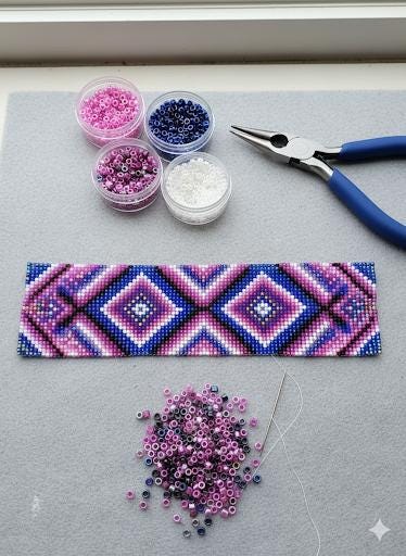 a beaded bracelet-making process, with various beads, pliers, and a pile of beads on a gray surface.