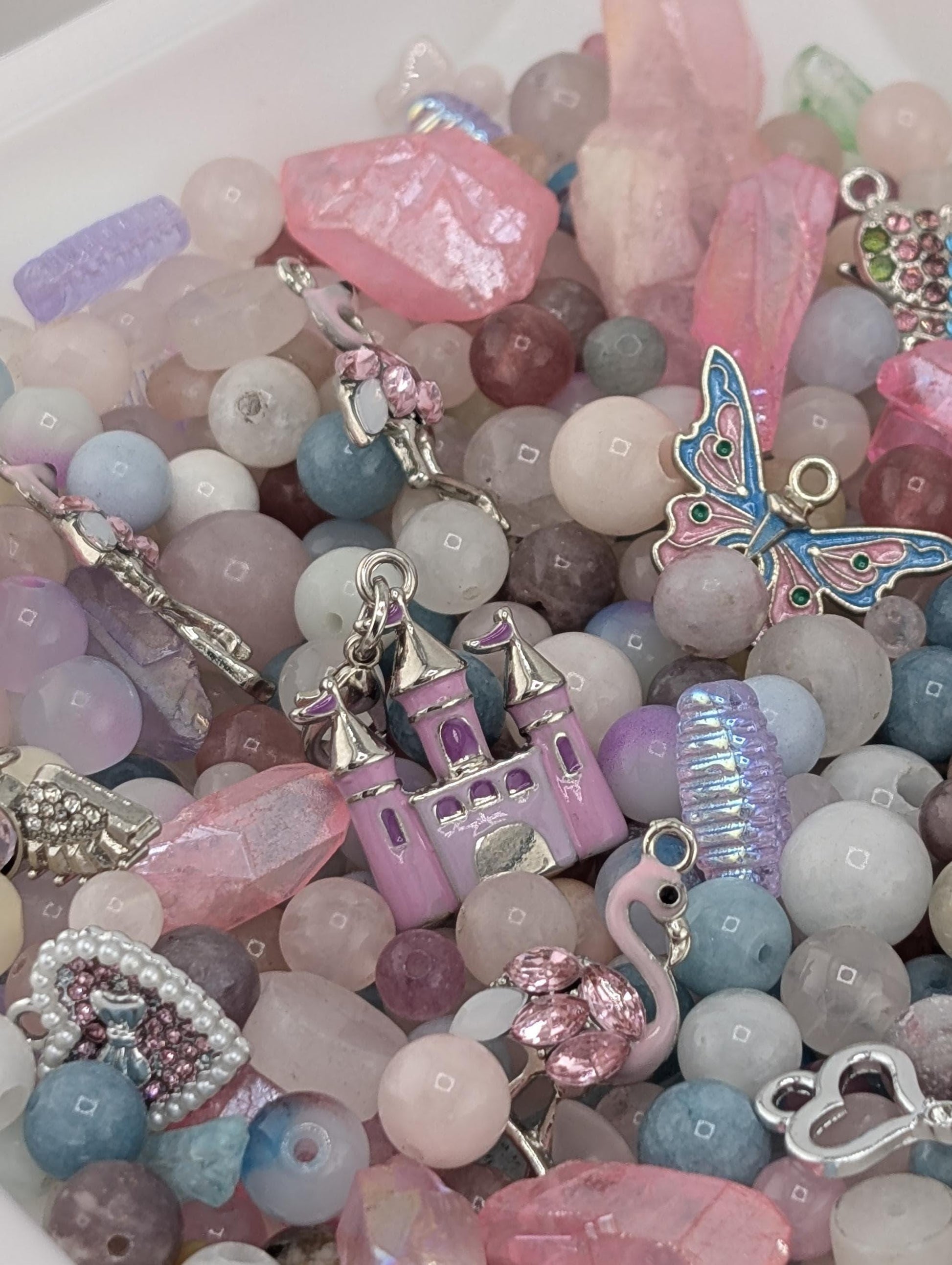 Flamingo Fairytale Beads, Pink Gemstones & Glass Charms (2oz Mix) | Jewelry Making Bracelet Supply | Learise Curated Mix