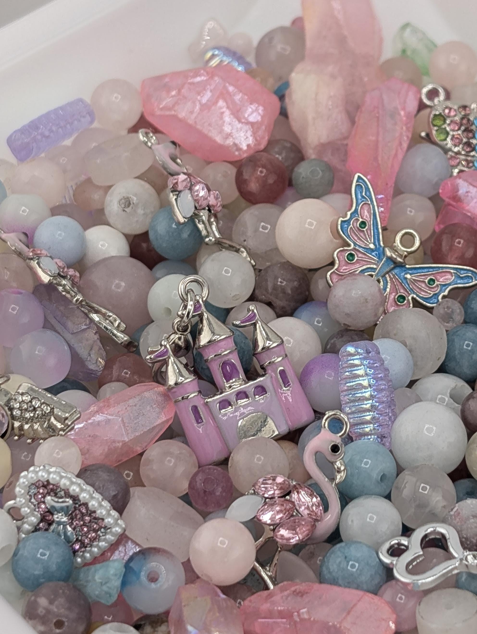 Flamingo Fairytale Beads, Pink Gemstones & Glass Charms (2oz Mix) | Jewelry Making Bracelet Supply | Learise Curated Mix