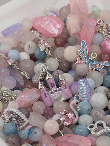 Flamingo Fairytale Beads, Pink Gemstones & Glass Charms (2oz Mix) | Jewelry Making Bracelet Supply | Learise Curated Mix