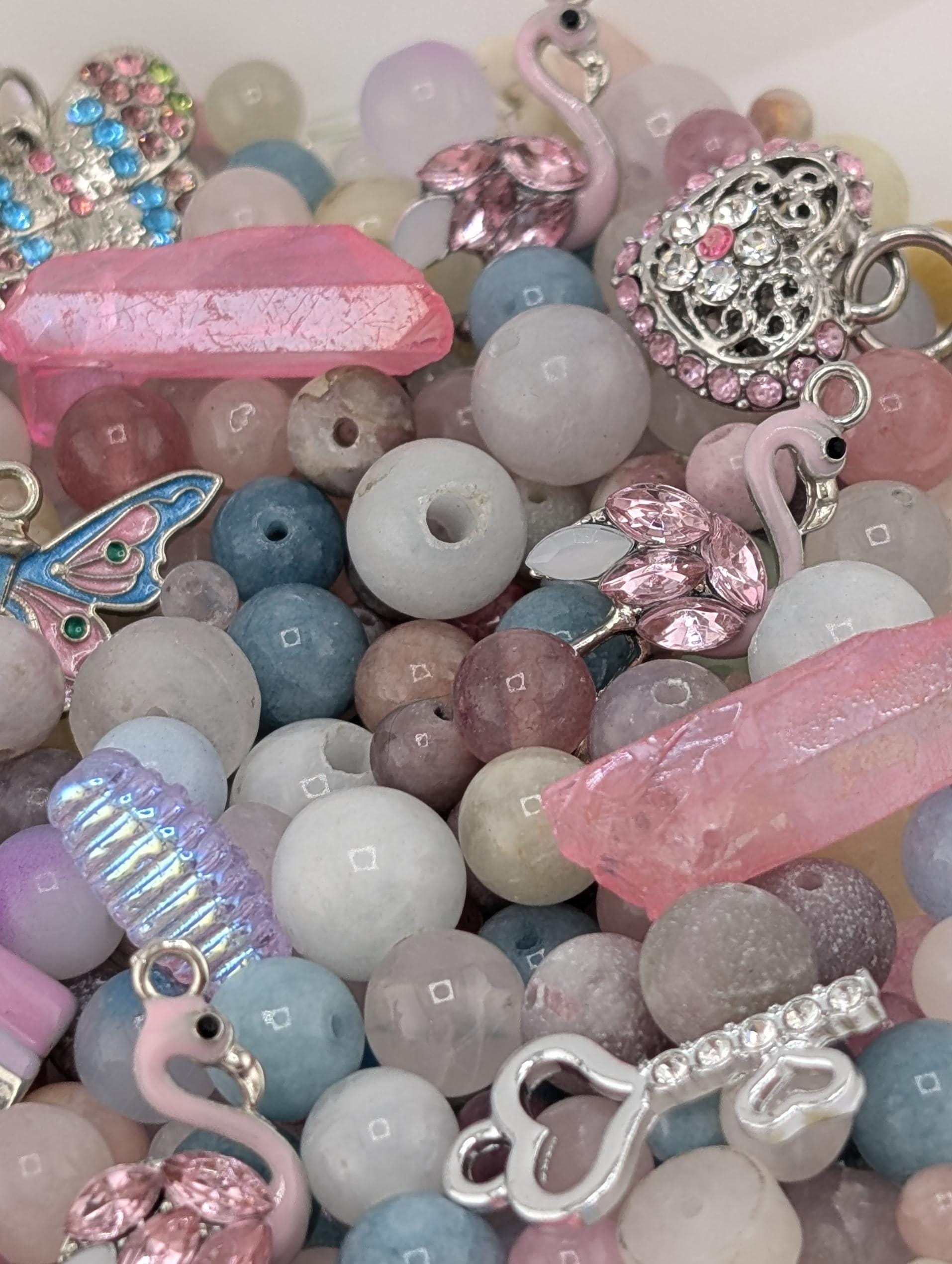 Flamingo Fairytale Beads, Pink Gemstones & Glass Charms (2oz Mix) | Jewelry Making Bracelet Supply | Learise Curated Mix