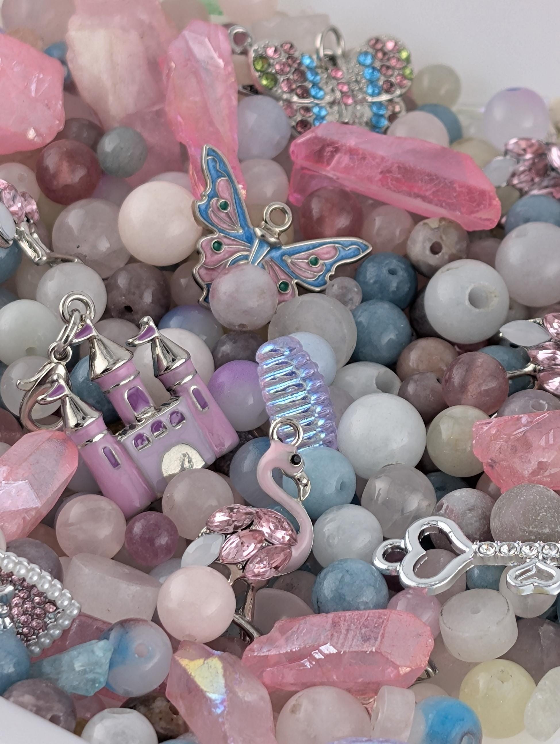 Flamingo Fairytale Beads, Pink Gemstones & Glass Charms (2oz Mix) | Jewelry Making Bracelet Supply | Learise Curated Mix