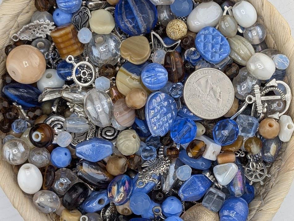 2oz "Sandy Oceans" Glass Bead Mix Blue, brown & white with Metal Sea Life Charms