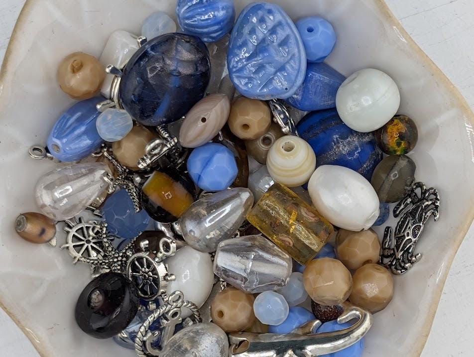 2oz "Sandy Oceans" Glass Bead Mix Blue, brown & white with Metal Sea Life Charms
