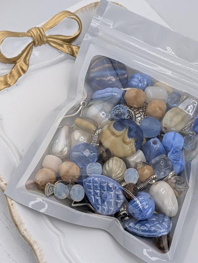 2oz "Sandy Oceans" Glass Bead Mix Blue, brown & white with Metal Sea Life Charms