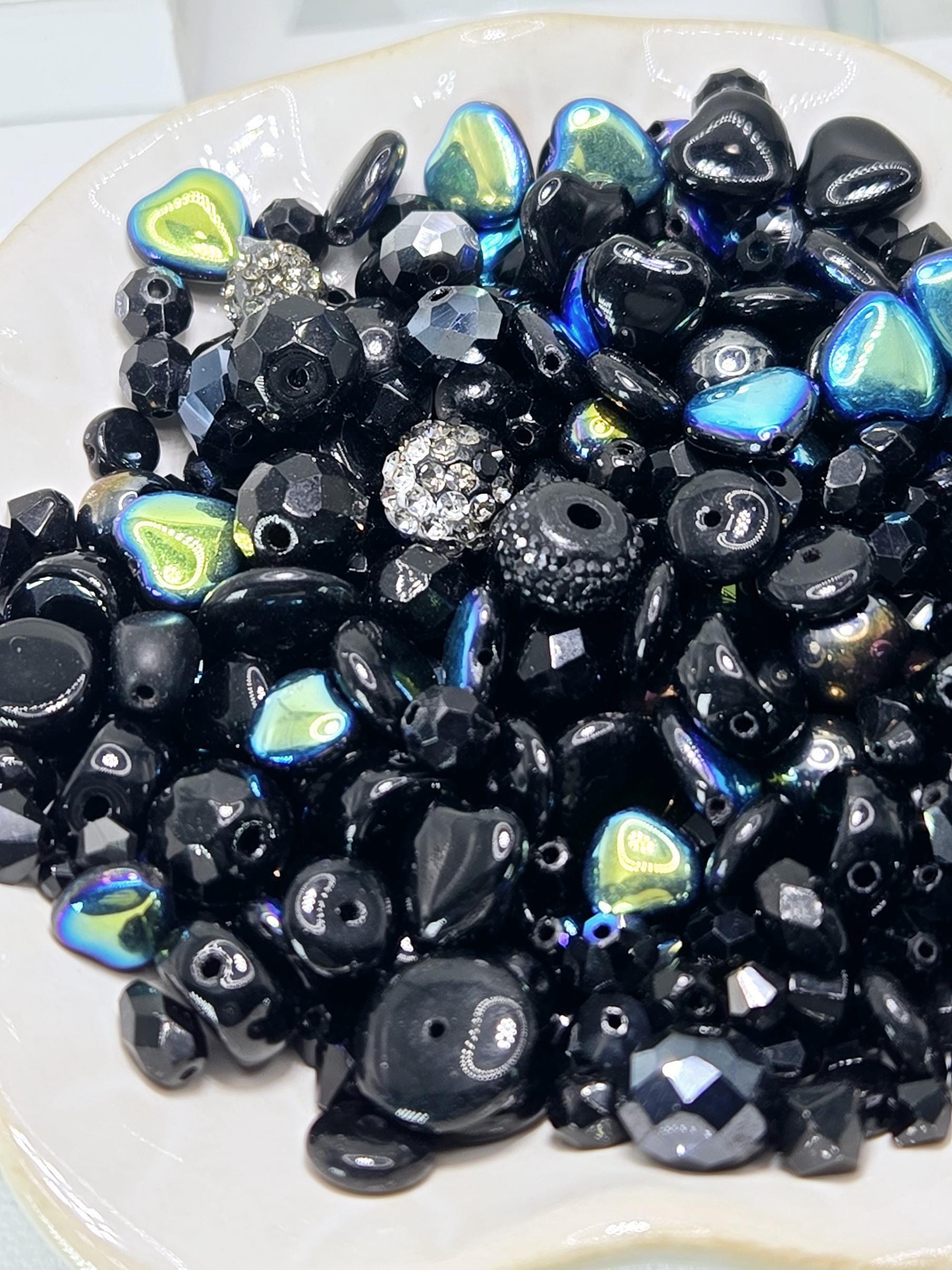 Glass Bead Soup Mix: Black and Charcoal Faceted Beads - Swarovski Charms | Jewelry Making Bracelet Supply | Learise Curated Mix