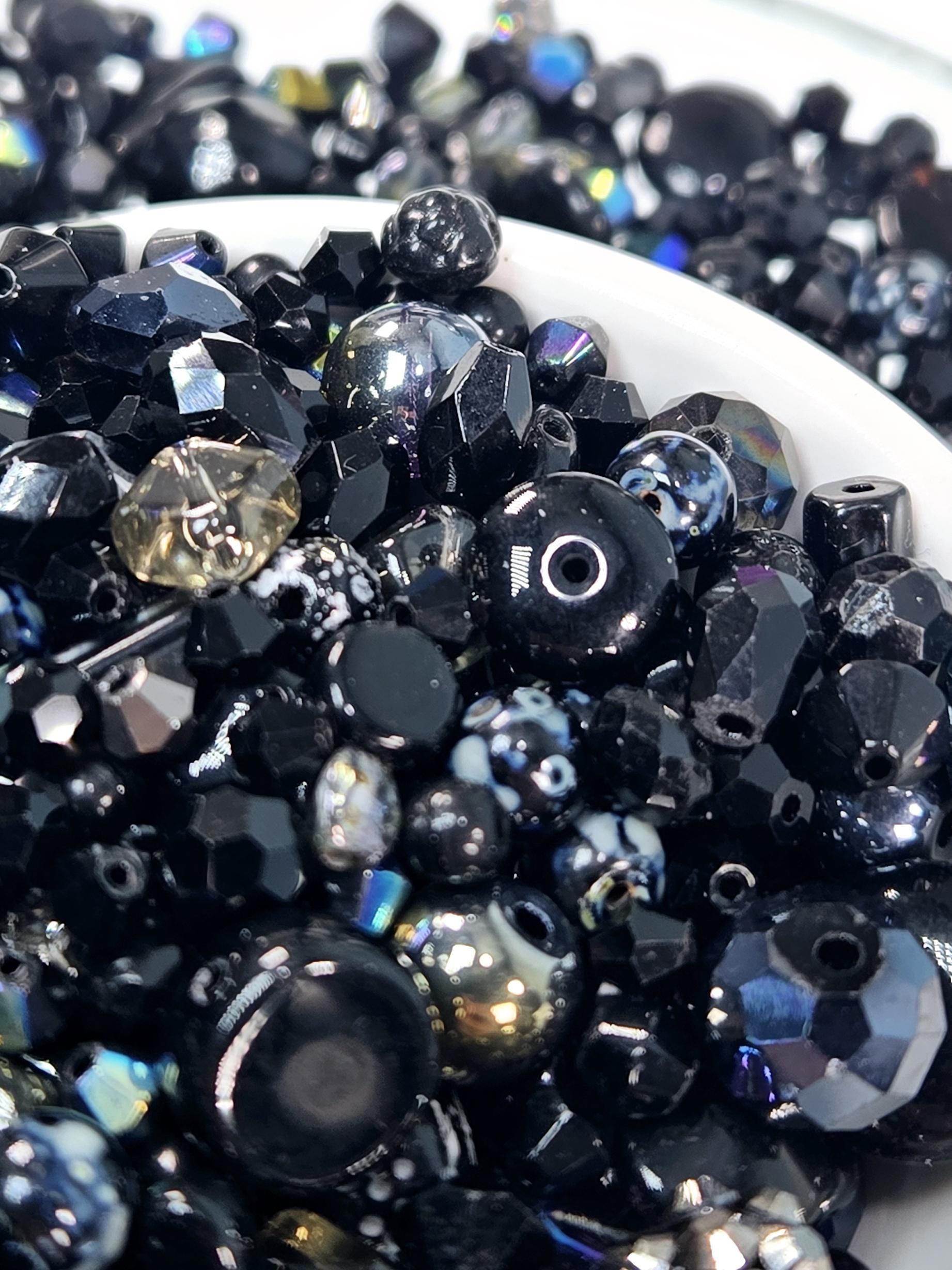 Glass Bead Soup Mix: Black and Charcoal Faceted Beads - Swarovski Charms | Jewelry Making Bracelet Supply | Learise Curated Mix