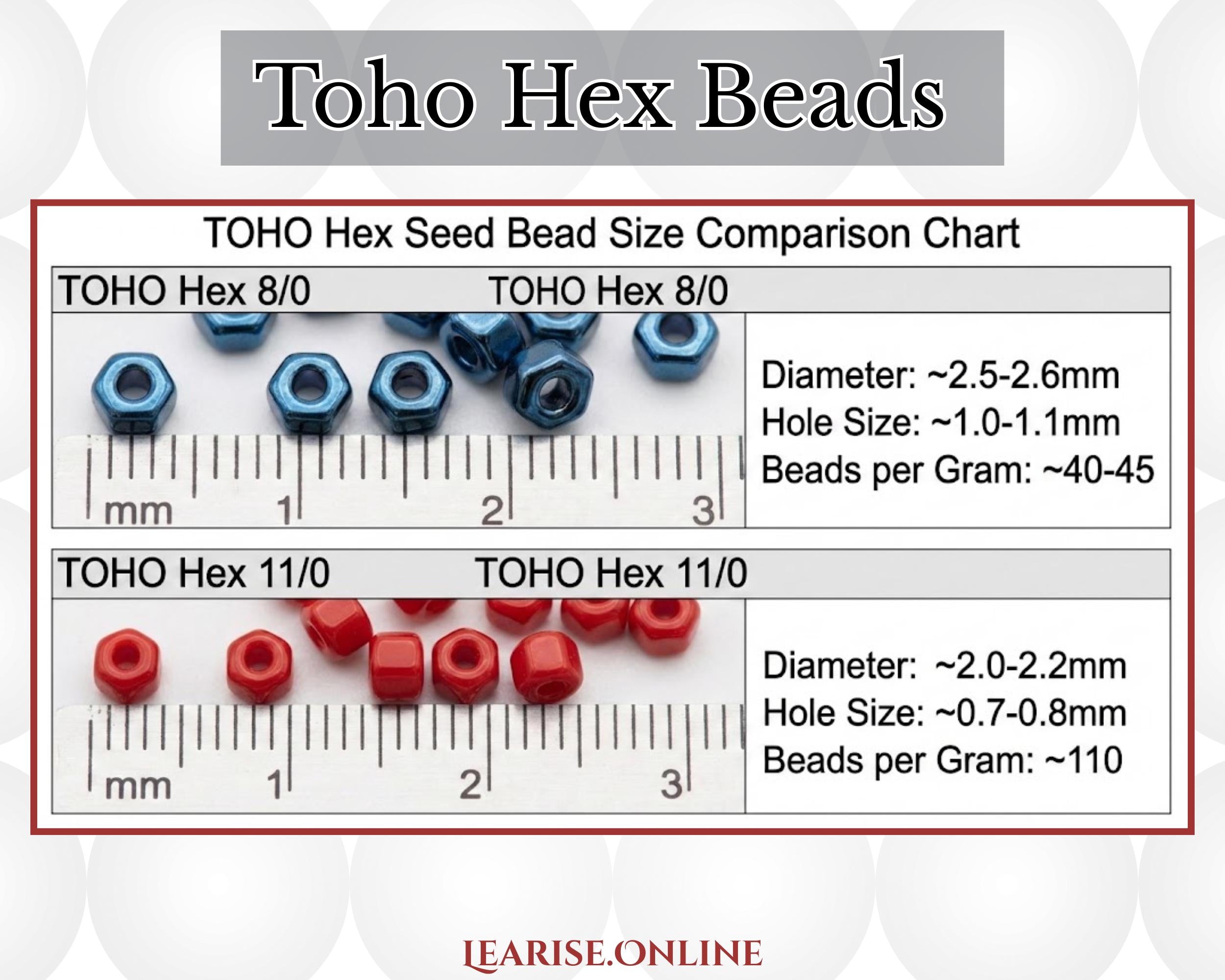 The image is a comparison chart of TOHO Hex Seed Bead Size, showing the size and number of beads for both TOHO Hex 8/0 and TOHO Hex 11/0. The chart provides a visual representation of the relationship between the size of the hex beads and the number of beads per gram.