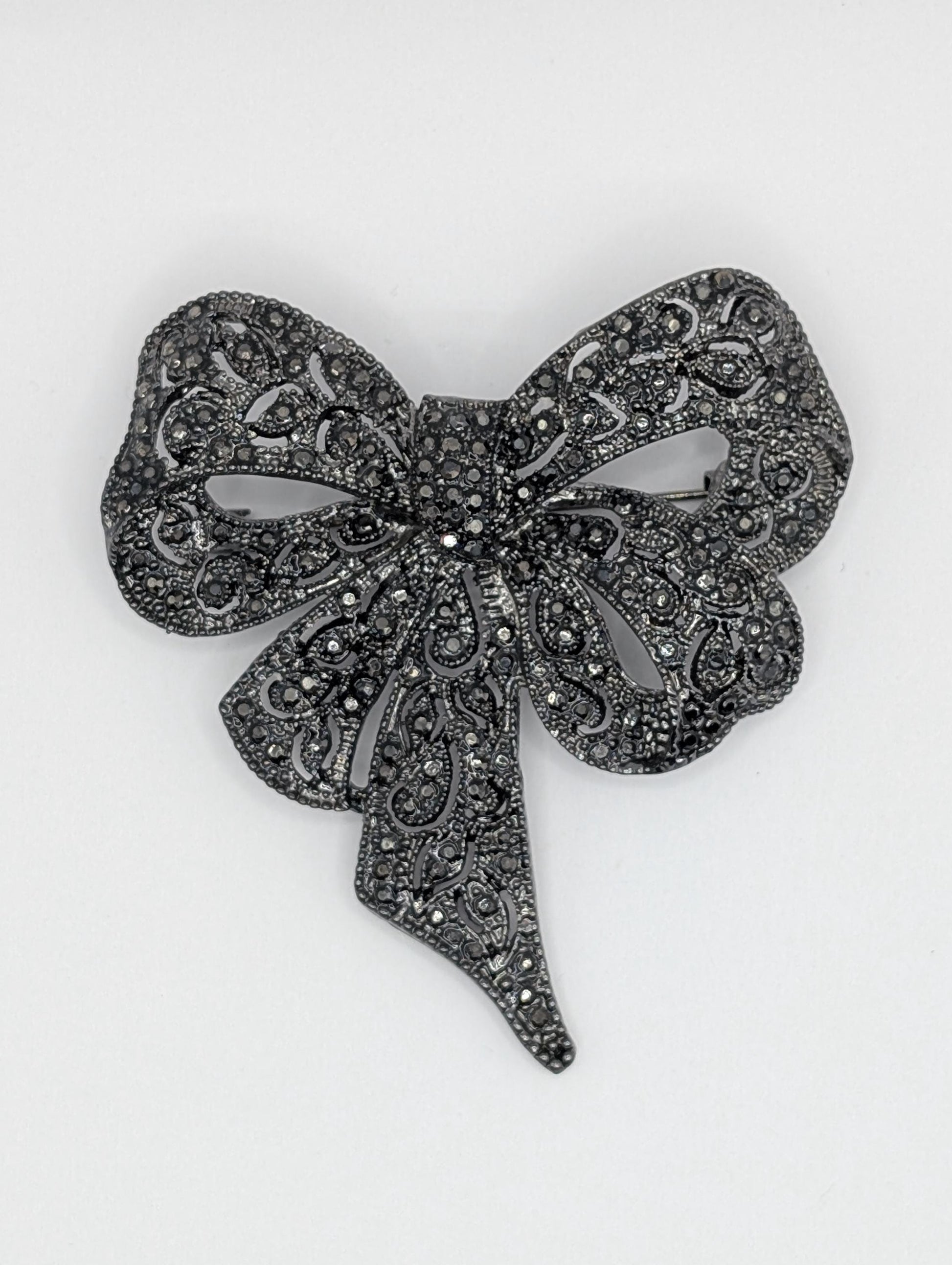 Bowtie Brooch Pin: Rhinestone Accent - Gunmetal Silver Plated | Handmade Pin | Jacket Scarf Hat Accessory | Gift Idea