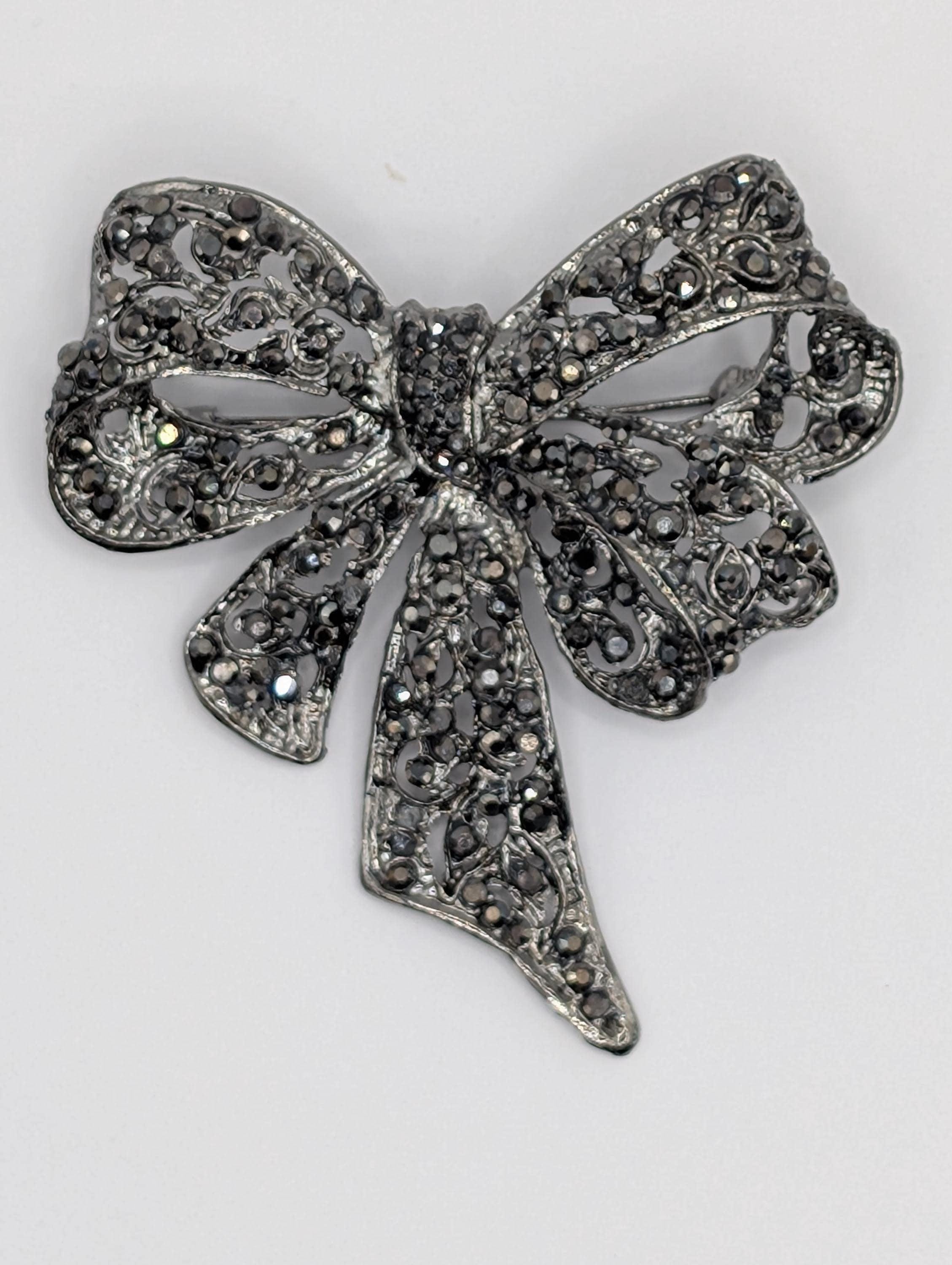 Bowtie Brooch Pin: Rhinestone Accent - Gunmetal Silver Plated | Handmade Pin | Jacket Scarf Hat Accessory | Gift Idea