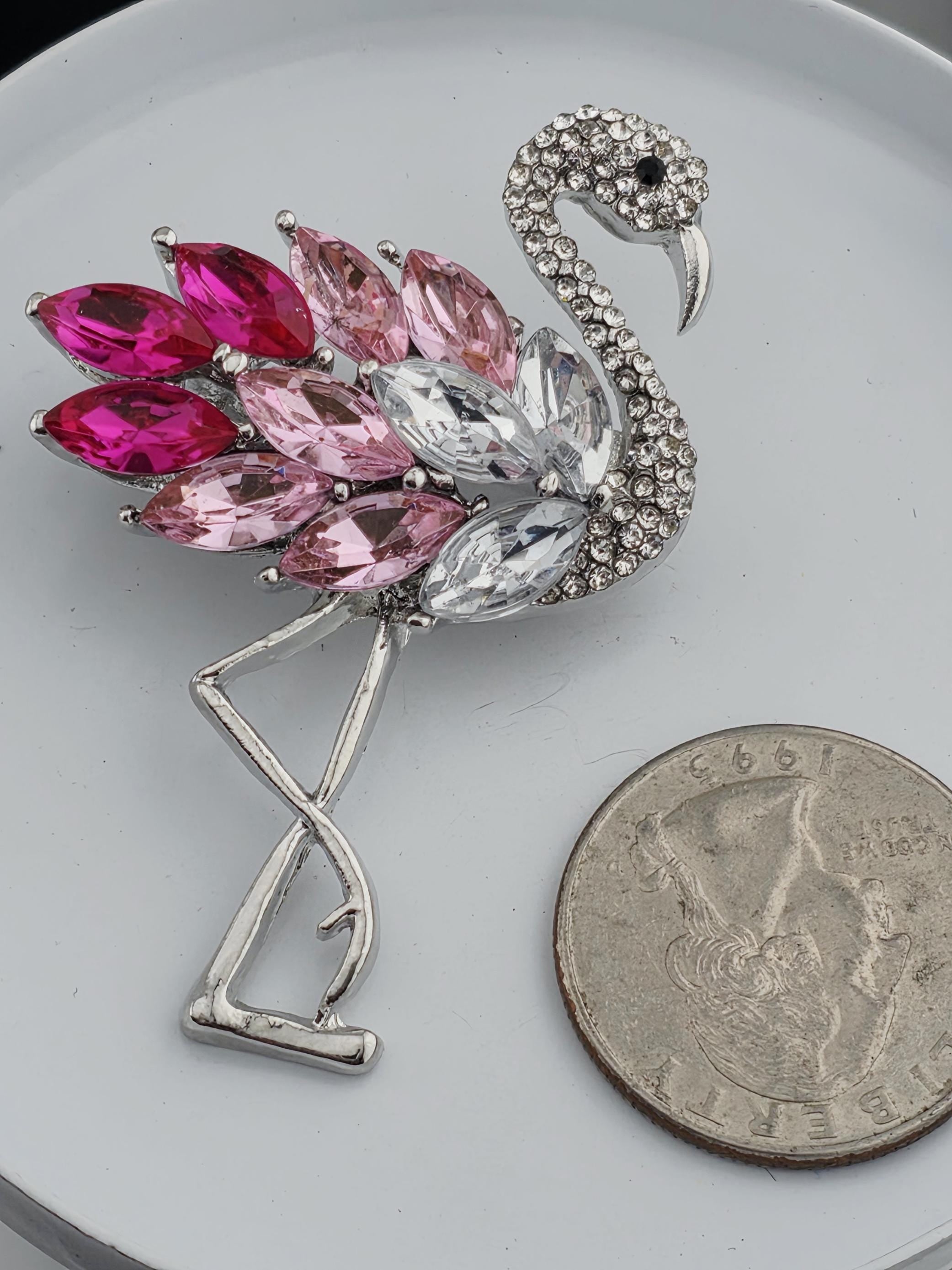 Pink Flamingo Brooch Pin, Enamel and Rhinestones (Silver Plated)