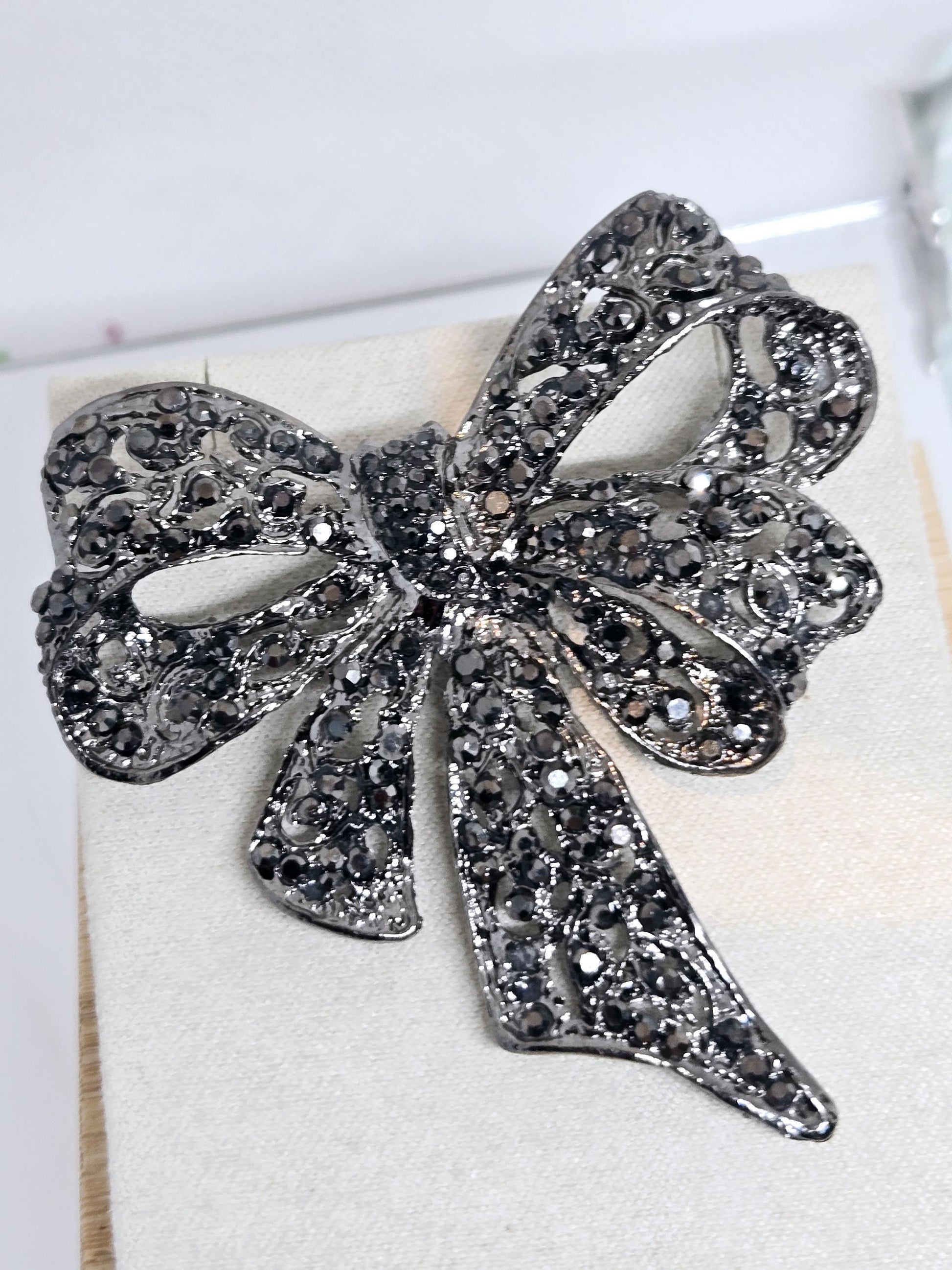 Bowtie Brooch Pin: Rhinestone Accent - Gunmetal Silver Plated | Handmade Pin | Jacket Scarf Hat Accessory | Gift Idea