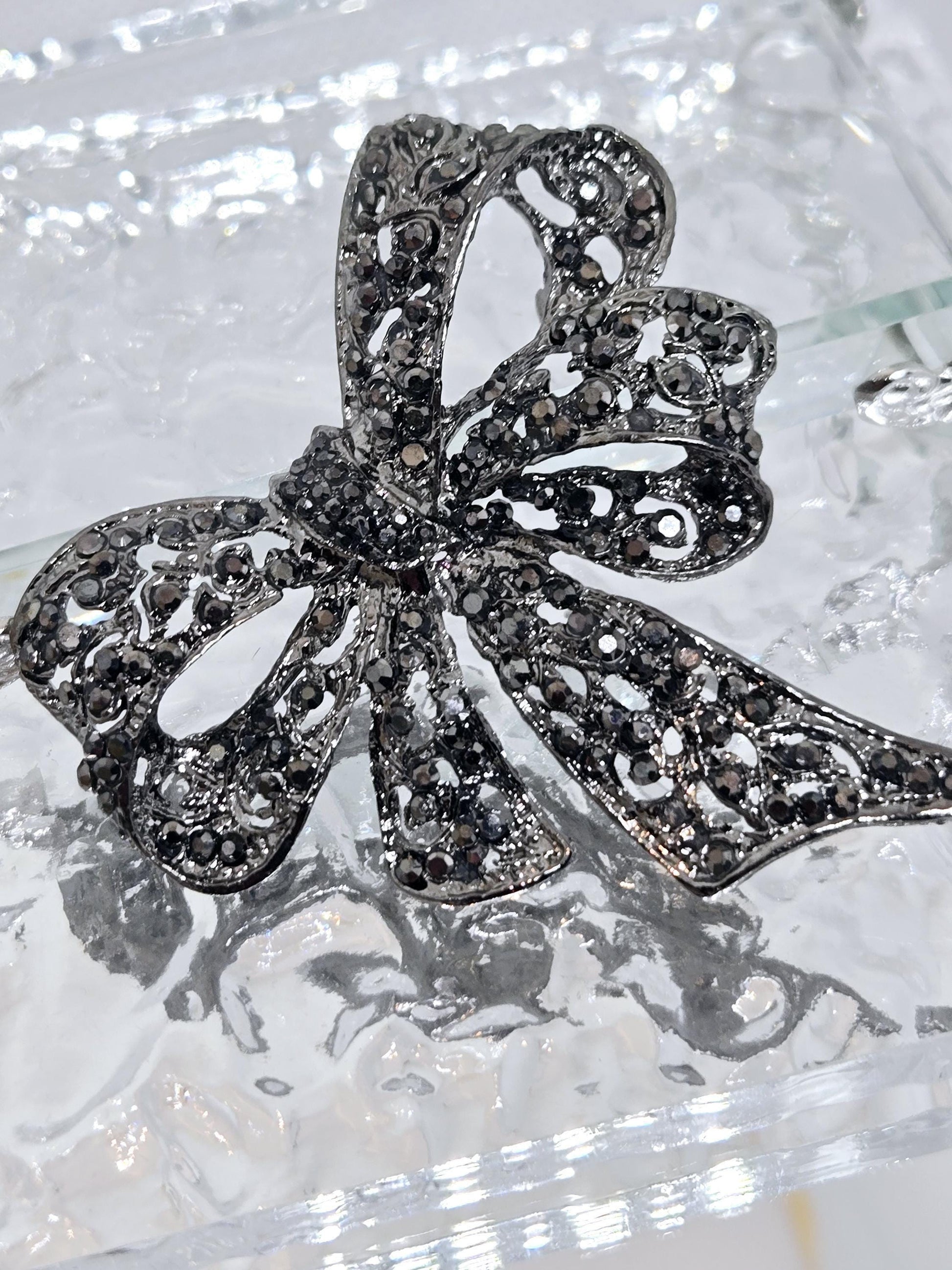 Bowtie Brooch Pin: Rhinestone Accent - Gunmetal Silver Plated | Handmade Pin | Jacket Scarf Hat Accessory | Gift Idea