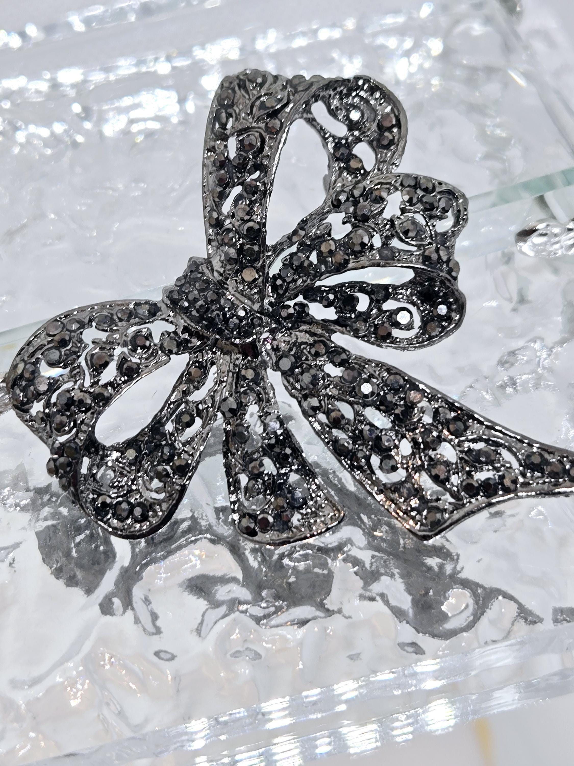 Bowtie Brooch Pin: Rhinestone Accent - Gunmetal Silver Plated | Handmade Pin | Jacket Scarf Hat Accessory | Gift Idea