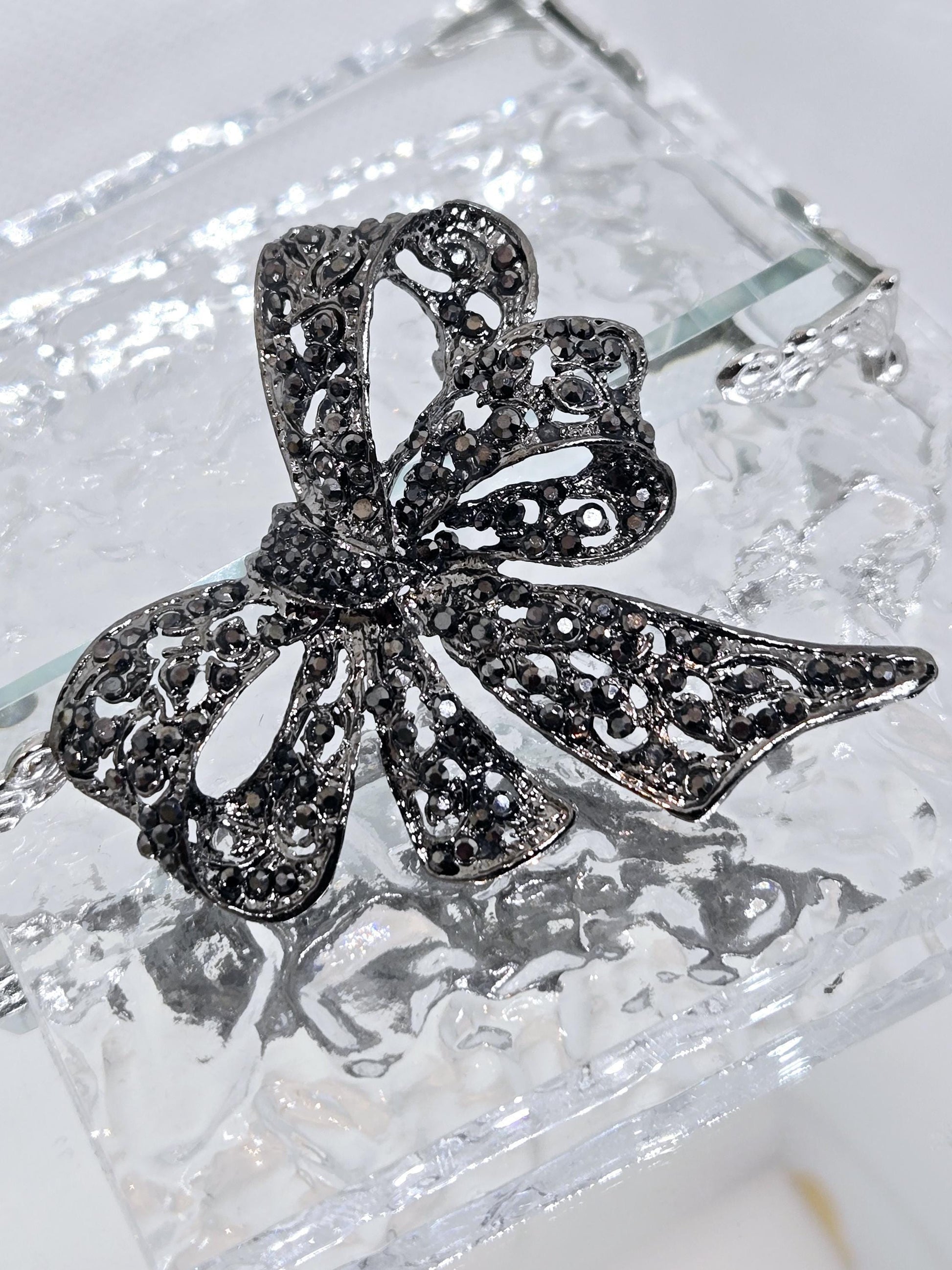 Bowtie Brooch Pin: Rhinestone Accent - Gunmetal Silver Plated