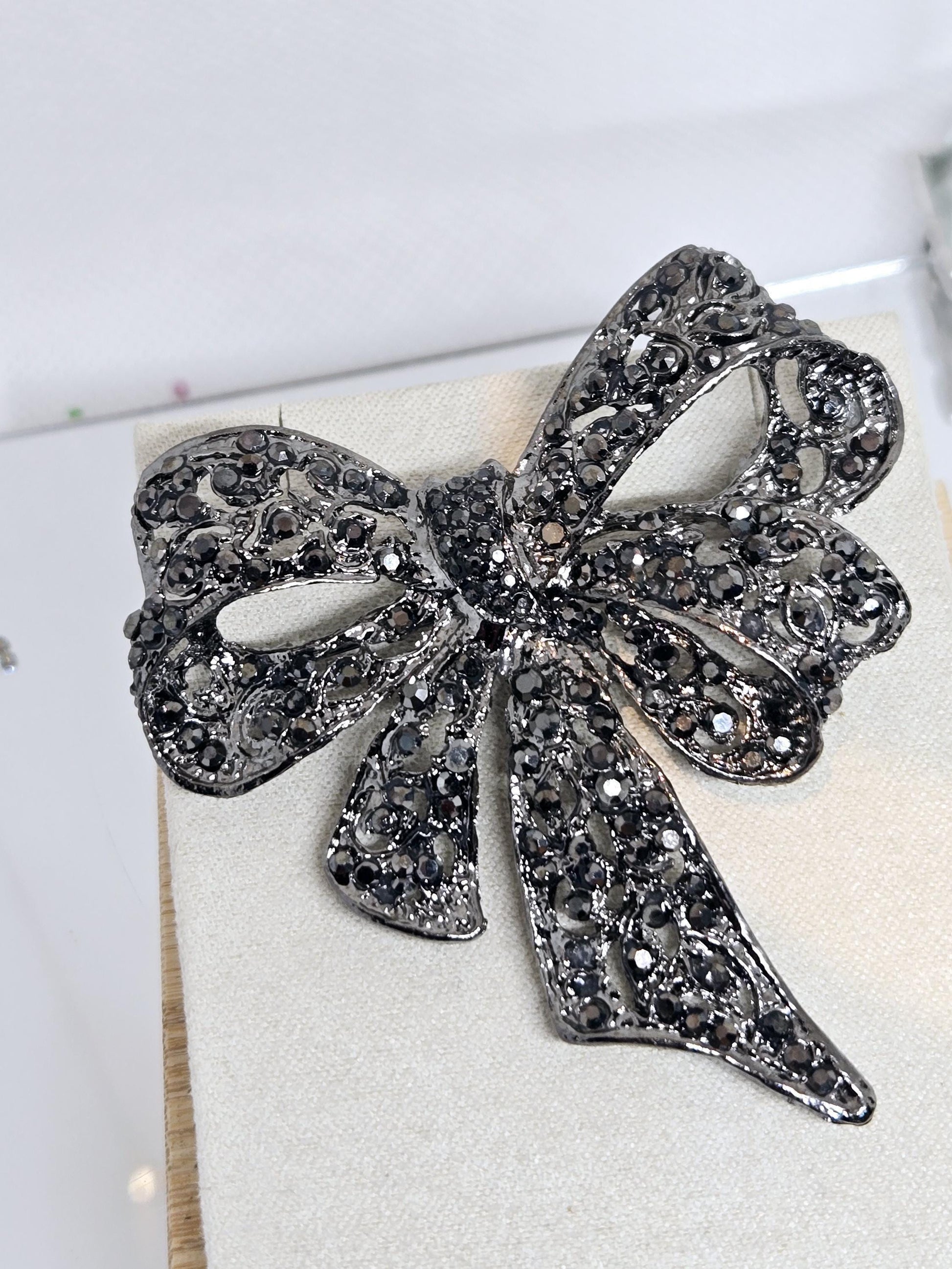Bowtie Brooch Pin: Rhinestone Accent - Gunmetal Silver Plated | Handmade Pin | Jacket Scarf Hat Accessory | Gift Idea