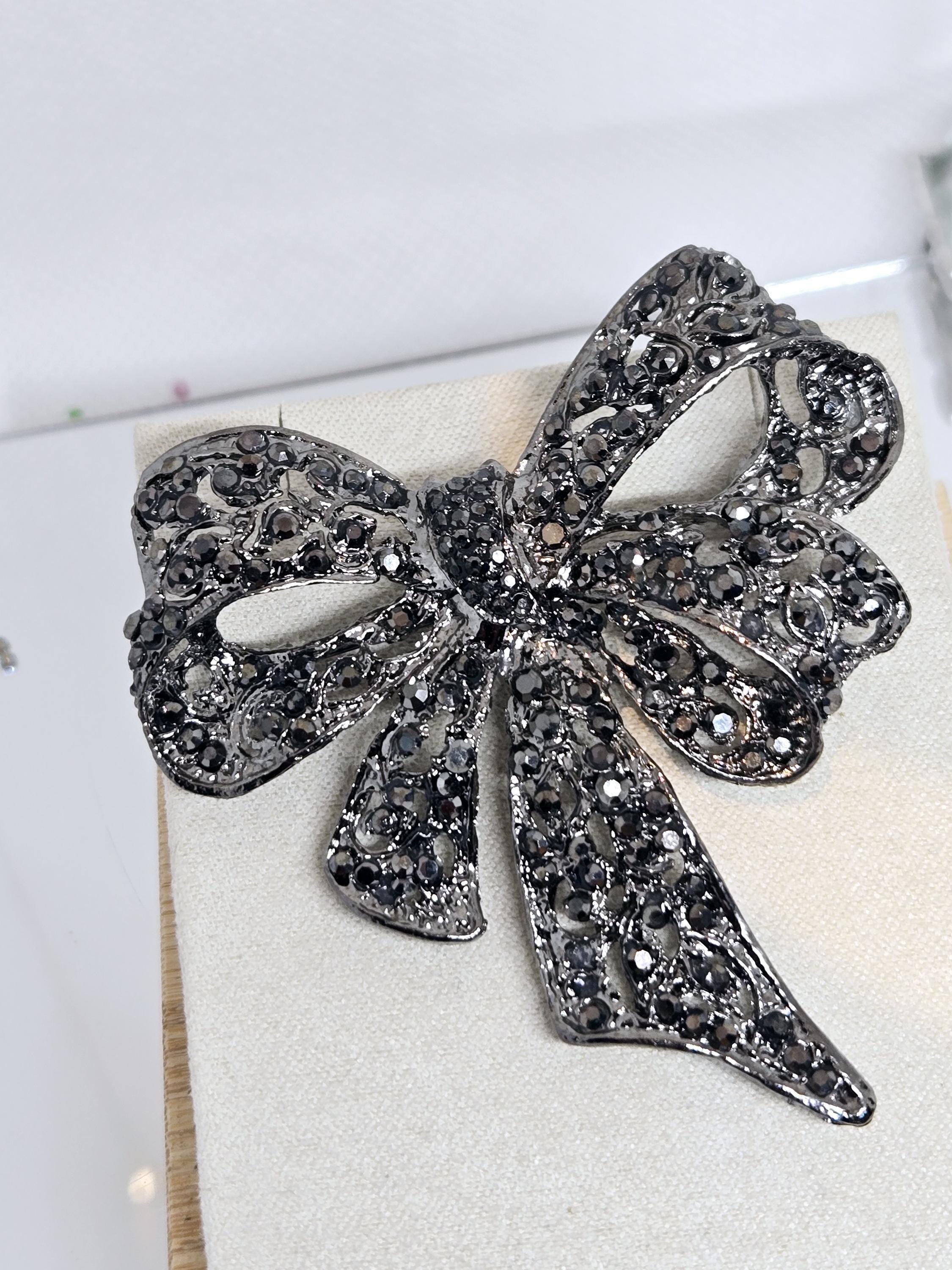 Bowtie Brooch Pin: Rhinestone Accent - Gunmetal Silver Plated | Handmade Pin | Jacket Scarf Hat Accessory | Gift Idea
