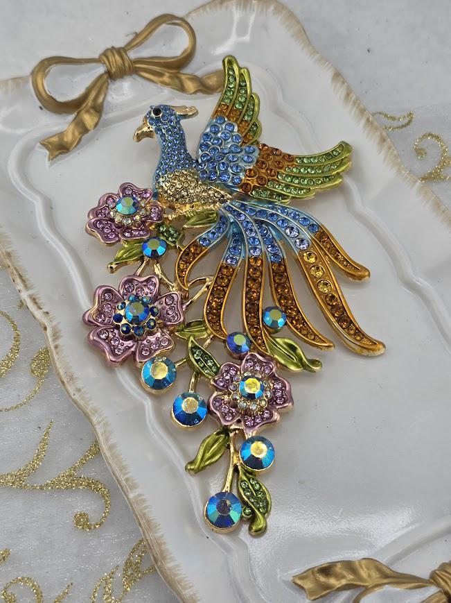 Colorful Peacock Brooch: Gold Plated Floral, Rhinestone Accent | Handmade Pin | Jacket Scarf Hat Accessory | Gift Idea