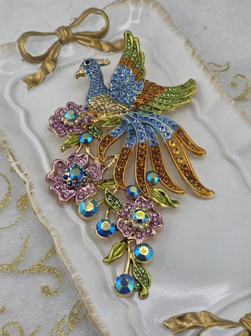 Colorful Peacock Brooch: Gold Plated Floral, Rhinestone Accent | Handmade Pin | Jacket Scarf Hat Accessory | Gift Idea