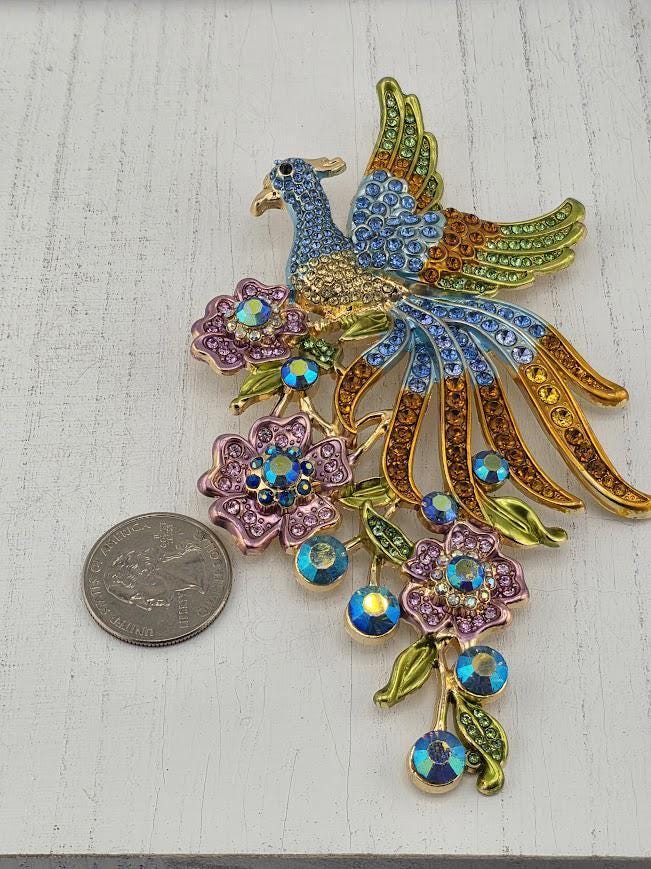 Colorful Peacock Brooch: Gold Plated Floral, Rhinestone Accent | Handmade Pin | Jacket Scarf Hat Accessory | Gift Idea