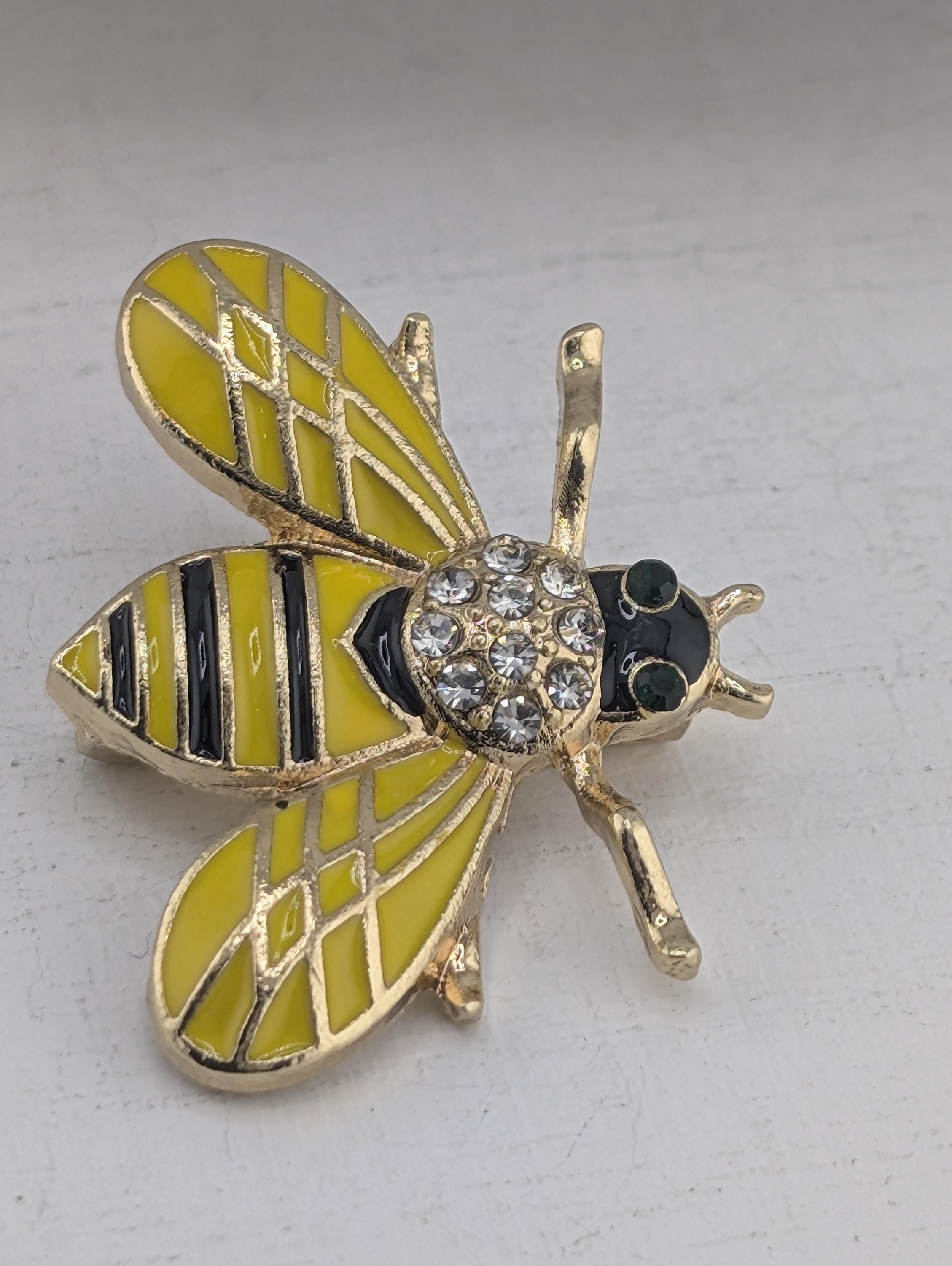 Gold Plated Bee Brooch: Yellow Enamel, Lightweight Pin