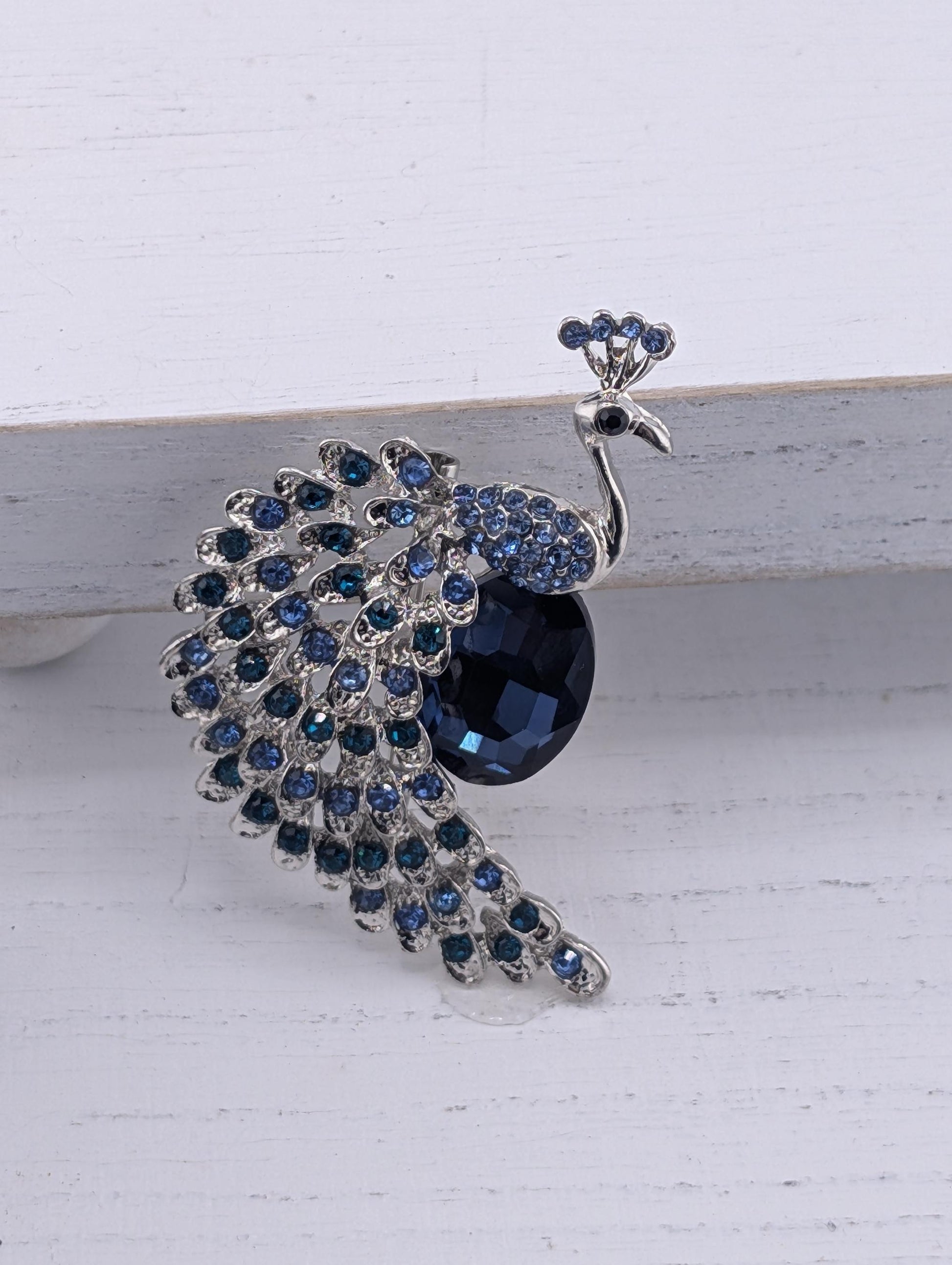 Peacock Feather Brooch: Colorful Enamel and Rhinestone Pin (Silver Plated) | Handmade Pin | Jacket Scarf Hat Accessory | Gift Idea