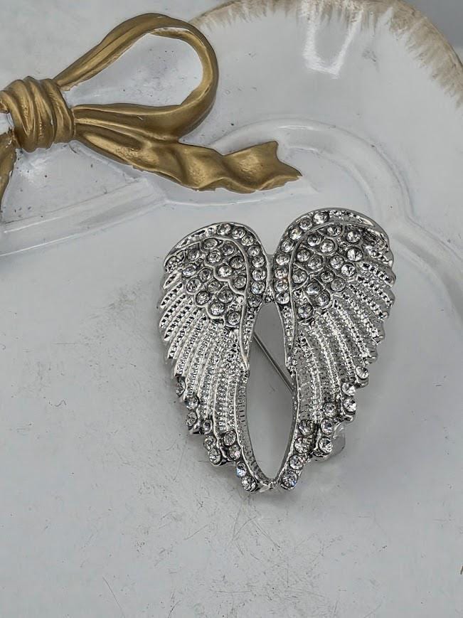 Angel Wings Brooch: Silver Plated, Delicate Rhinestone Pin