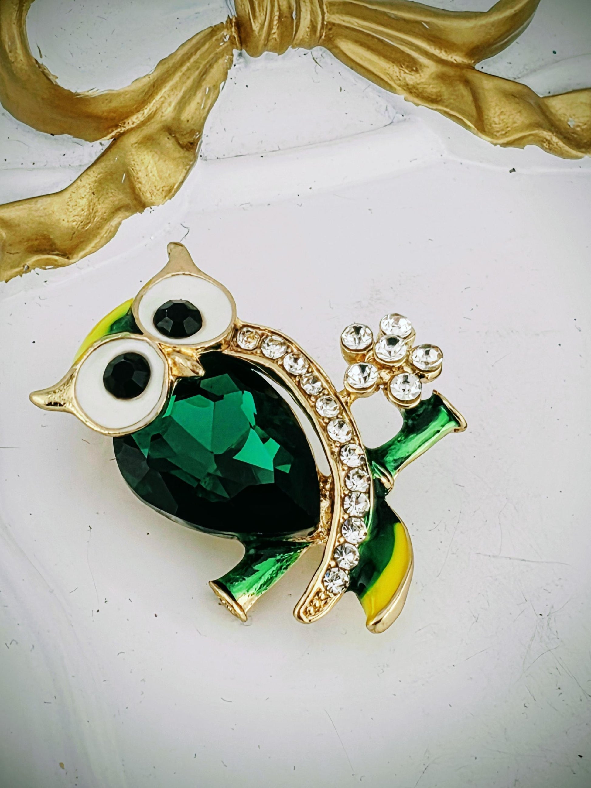 Gold Plated Owl Pin - Green and Yellow Enamel Accent | Handmade Pin | Jacket Scarf Hat Accessory | Gift Idea