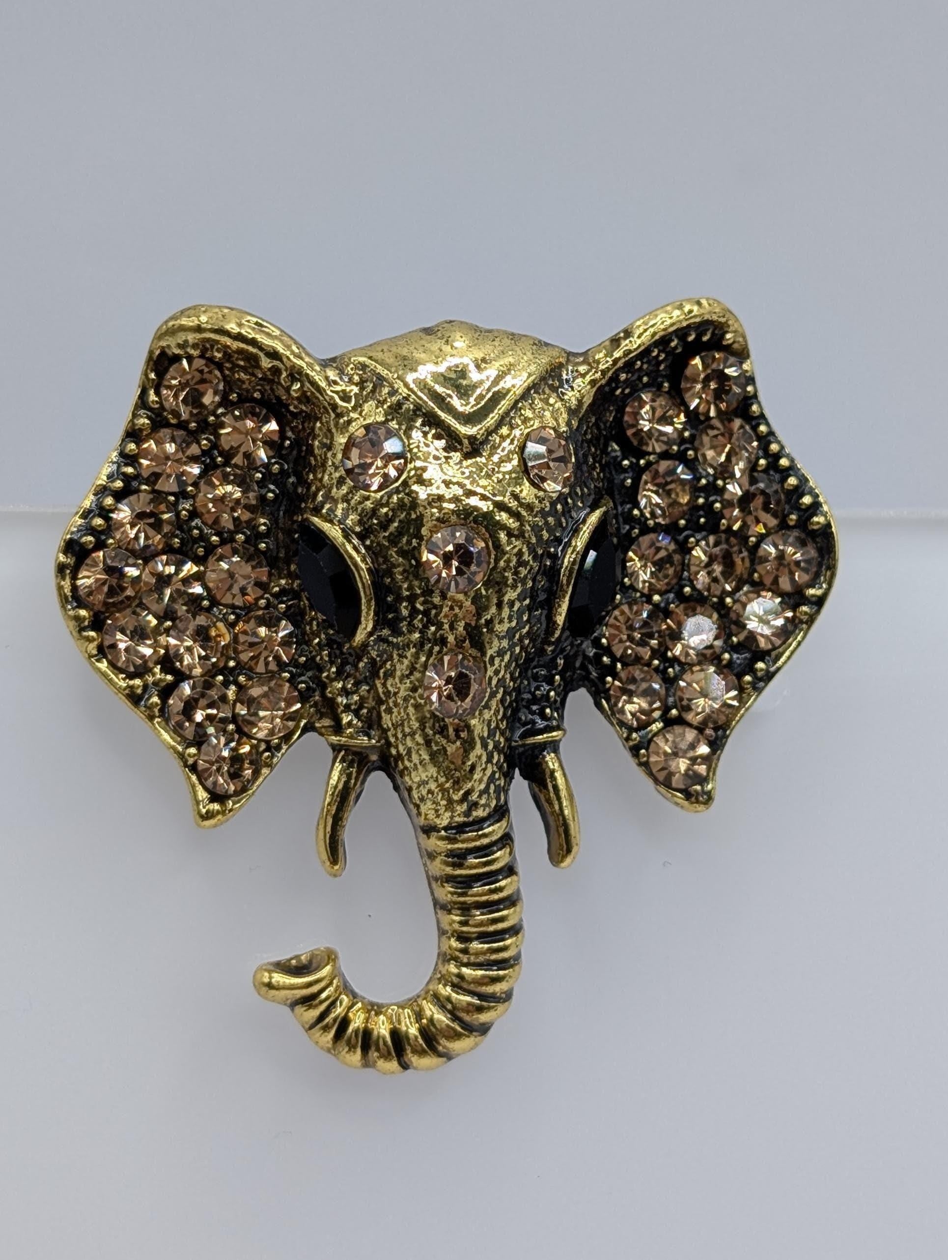 Elephant Brooch Pin: Gold Plated Animal Pendant (Rhinestone Detail) | Handmade Pin | Jacket Scarf Hat Accessory | Gift Idea