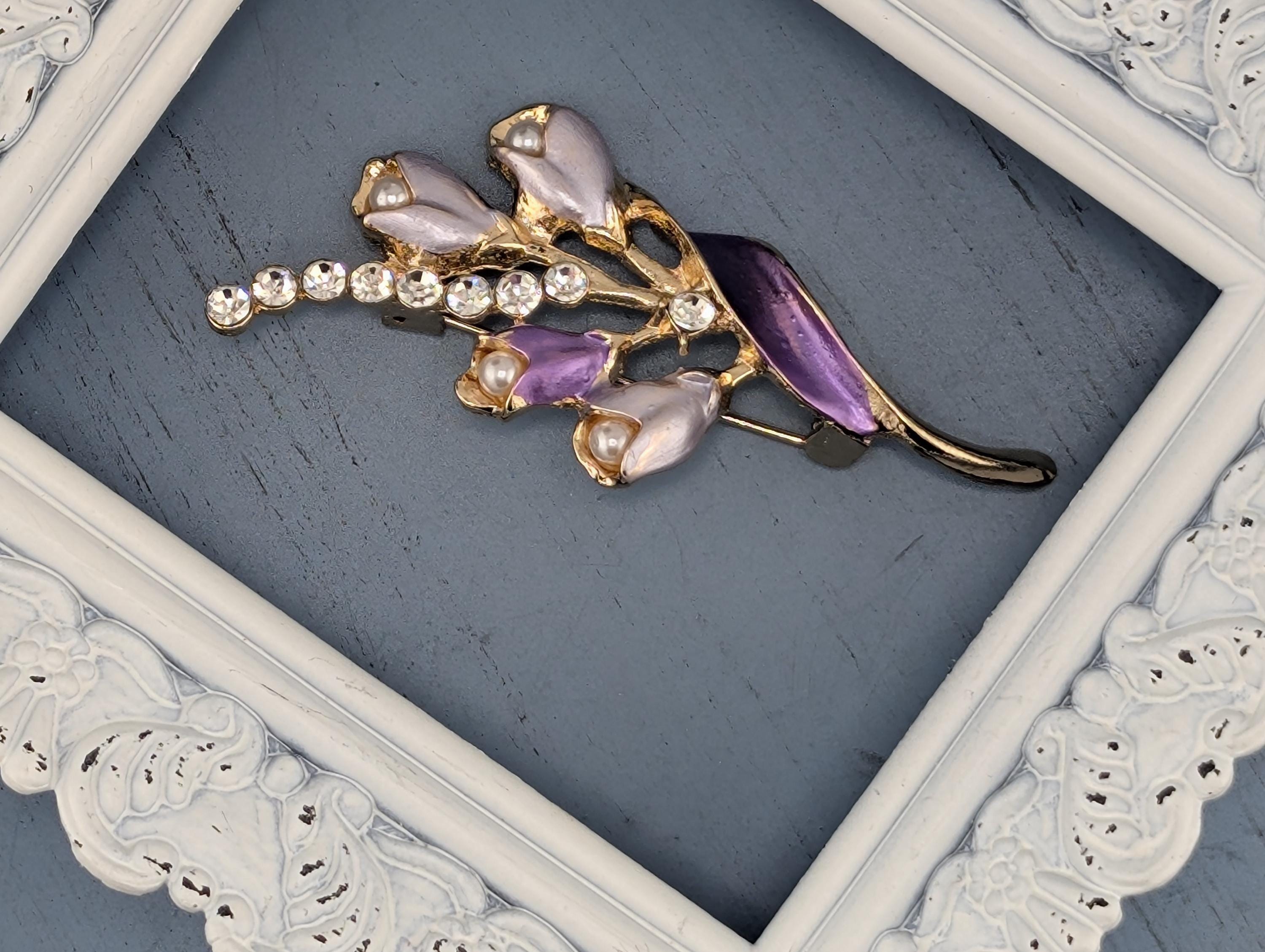 Gold Plated Floral Brooch, Purple & White Enamel Pin (2 Inch Elegant Design)