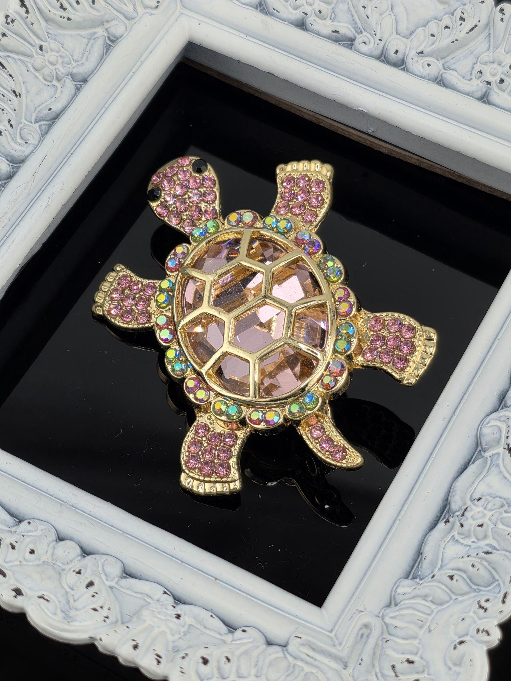 Gold Plated Turtle Brooch: Pink Rhinestones, Beach Inspired Pin