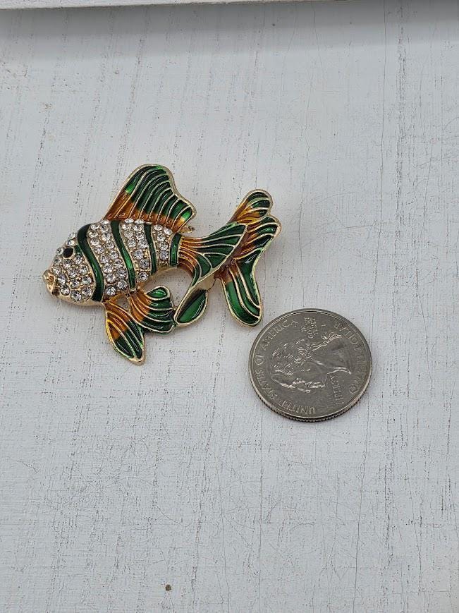 Colorful Fish Brooch: Gold Plated with Green and Orange Enamel
