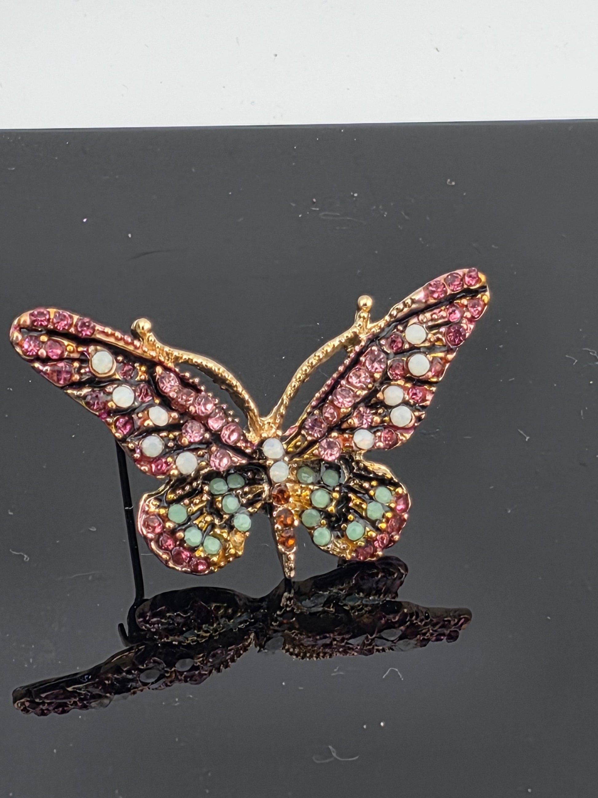 Gold Plated Enamel Brooch Pin: Pink and Mint with Rhinestone Sparkle