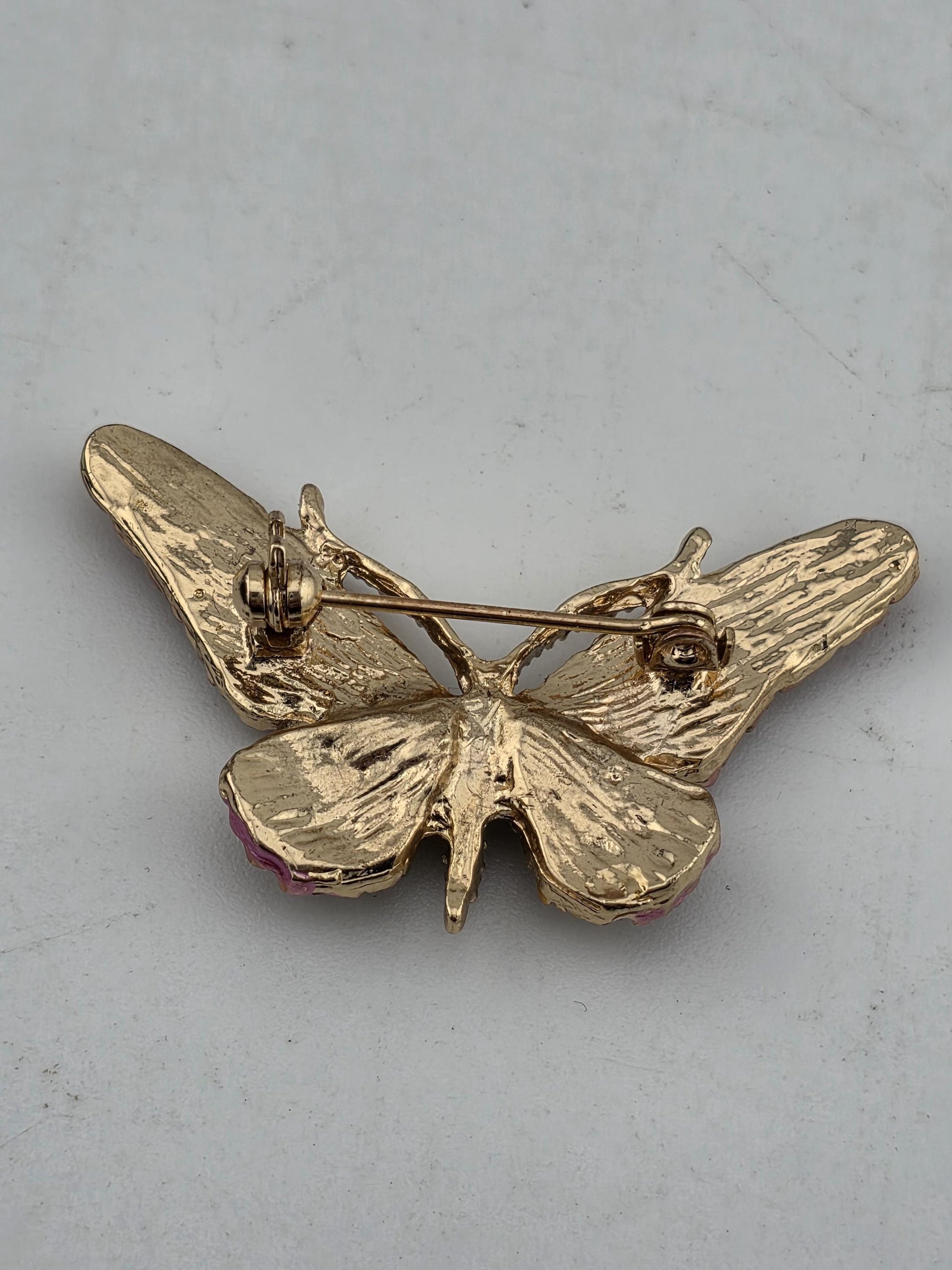 Gold Plated Enamel Brooch Pin: Pink and Mint with Rhinestone Sparkle