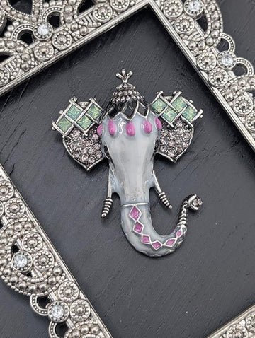 Silver Plated Elephant Brooch Pin: Indian Inspired Rhinestone Detail